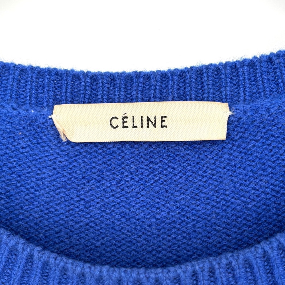 Celine Cashmere Crewneck Knit Sweater Blue Triomphe Logo Embroidered Pullover M - Picture 3 of 16